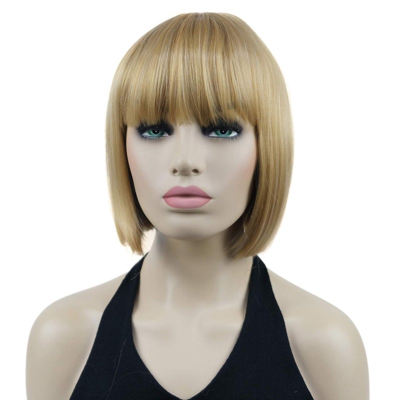 Lydell 8 Straight Short Bob Hair Flat Bangs Cute Central Dot Skin Top Heat Resistant Synthetic Wigs 24B Light Butterscotch